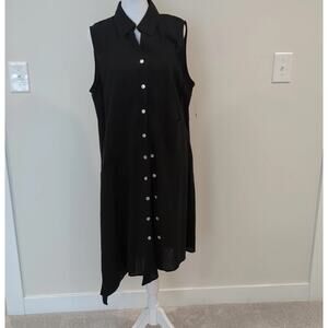 For Cynthia Black Linen Blend Asymmetrical Shirt Dress Women L Lagenlook